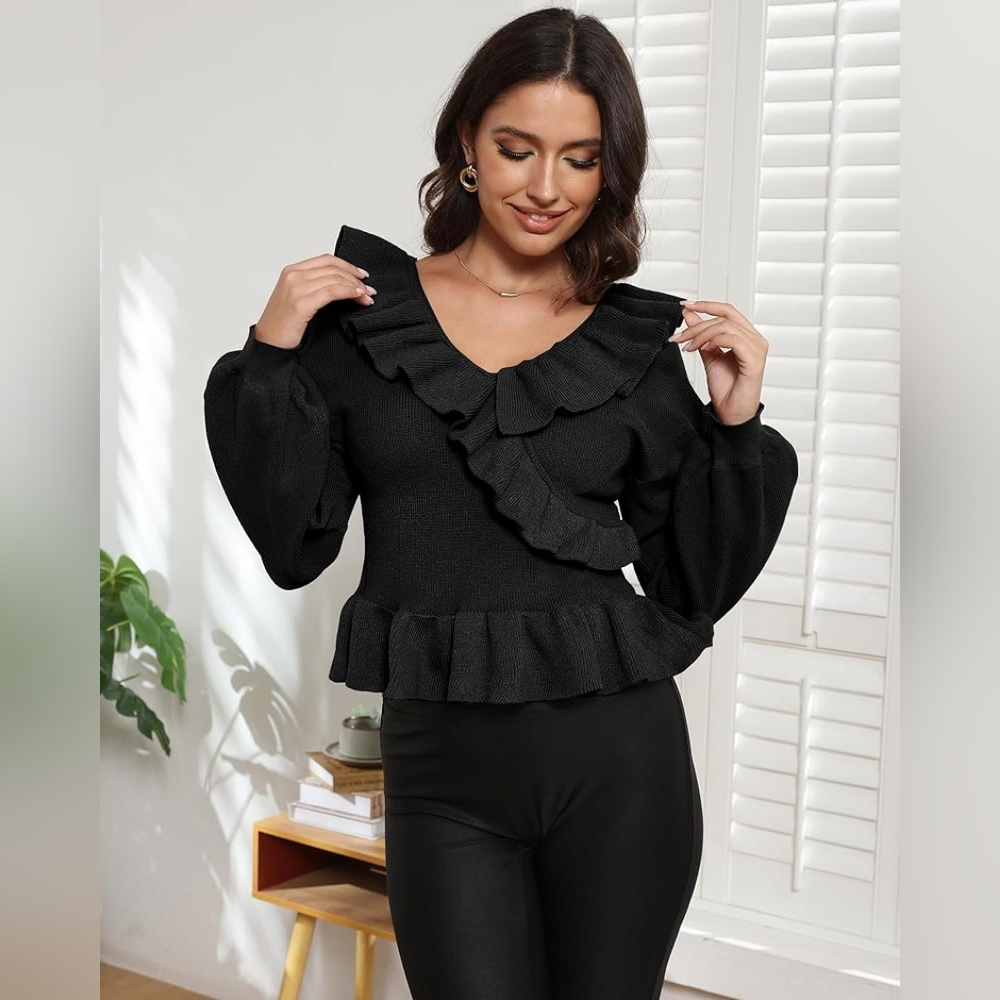 Womens Cropped Ruffle Wrap Sweater